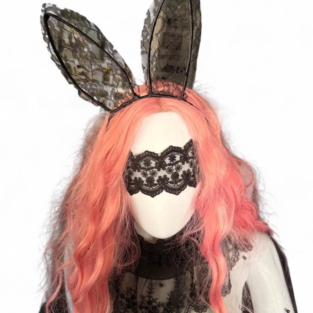 Avant Garde Black Lace Bunny Ears Headband Goth Halloween Costume Festival